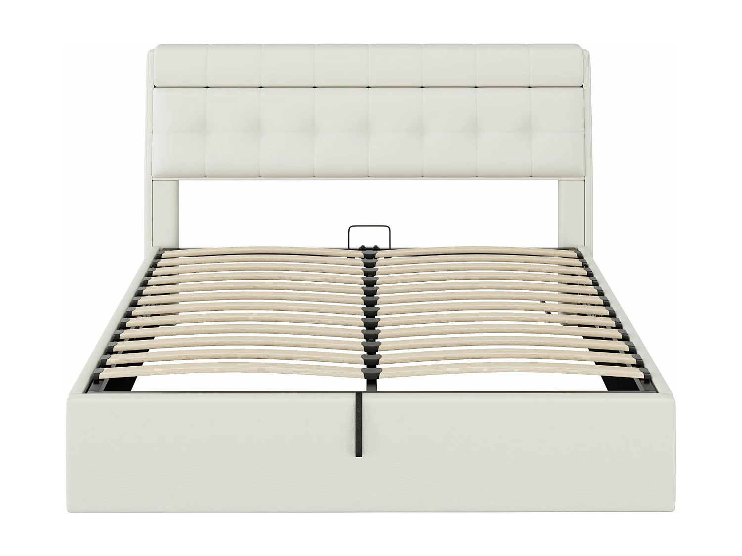 Letto imbottito idraulico 160*200, contenitore a scomparsa sulla testata, contenitore sotto il letto, PU, con rete a doghe e testata, bianco