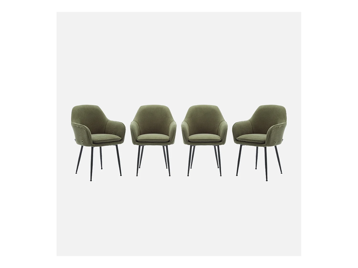 Lot de 4 fauteuils en velours côtelé kaki foncé et pieds en métal noir mat. L 57 x P 59 x H 84.5cm