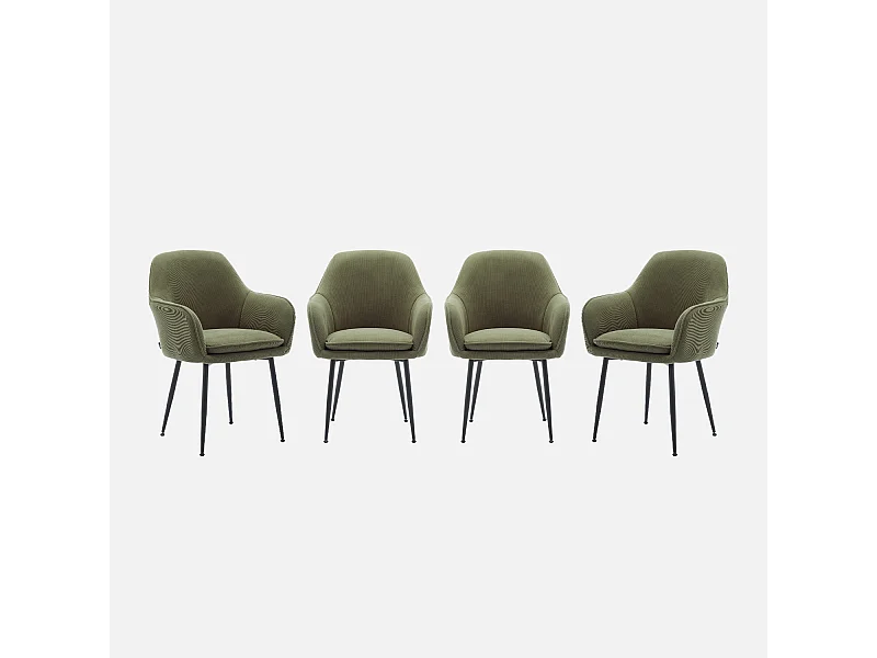 Lot de 4 fauteuils en velours côtelé kaki foncé et pieds en métal noir mat. L 57 x P 59 x H 84.5cm