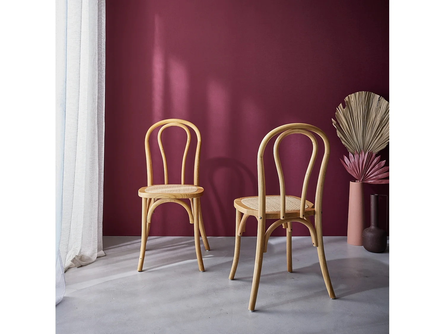 Silla vintage de madera y ratán, set de 2 natural