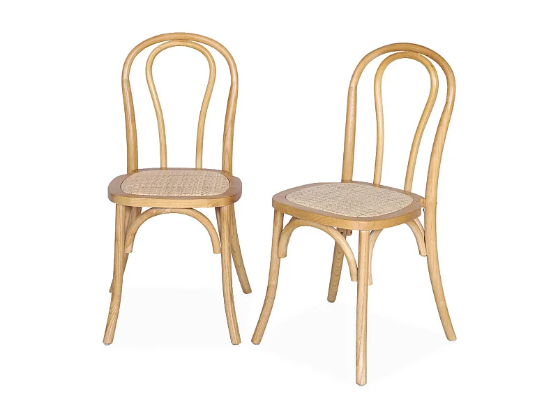 Silla vintage de madera y ratán, set de 2 natural