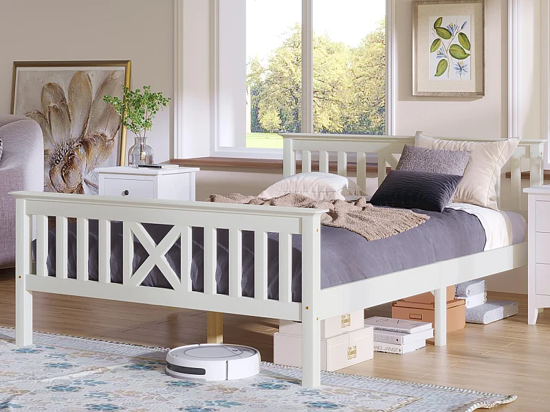 Letto in legno massello con rete a doghe - 140x200 cm - Bianco