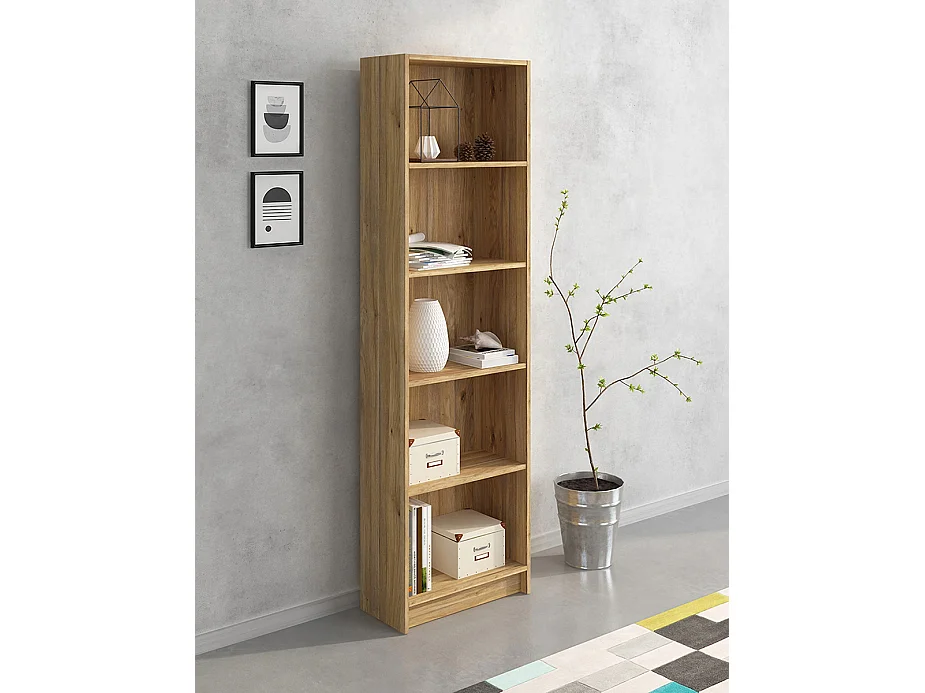 Etagère, meuble étagère avec 5 cases coloris chêne Mauvella - Longueur 51,9 x profondeur 24,6 x hauteur 178,3 cm
