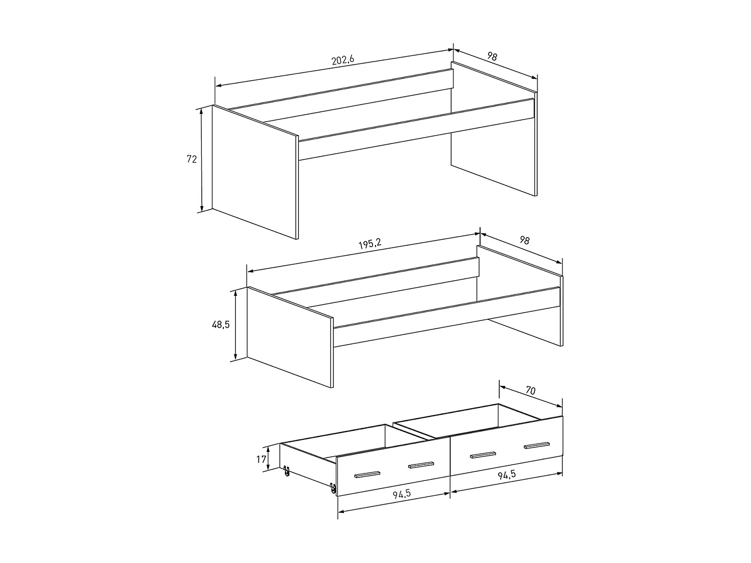 Lit gigogne avec 2 tiroirs coloris beige - Longueur 195,20 x profondeur 98 x hauteur 48,50 cm