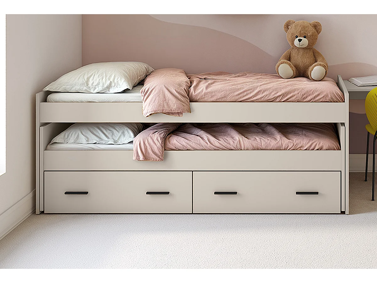 Lit gigogne avec 2 tiroirs coloris beige - Longueur 195,20 x profondeur 98 x hauteur 48,50 cm