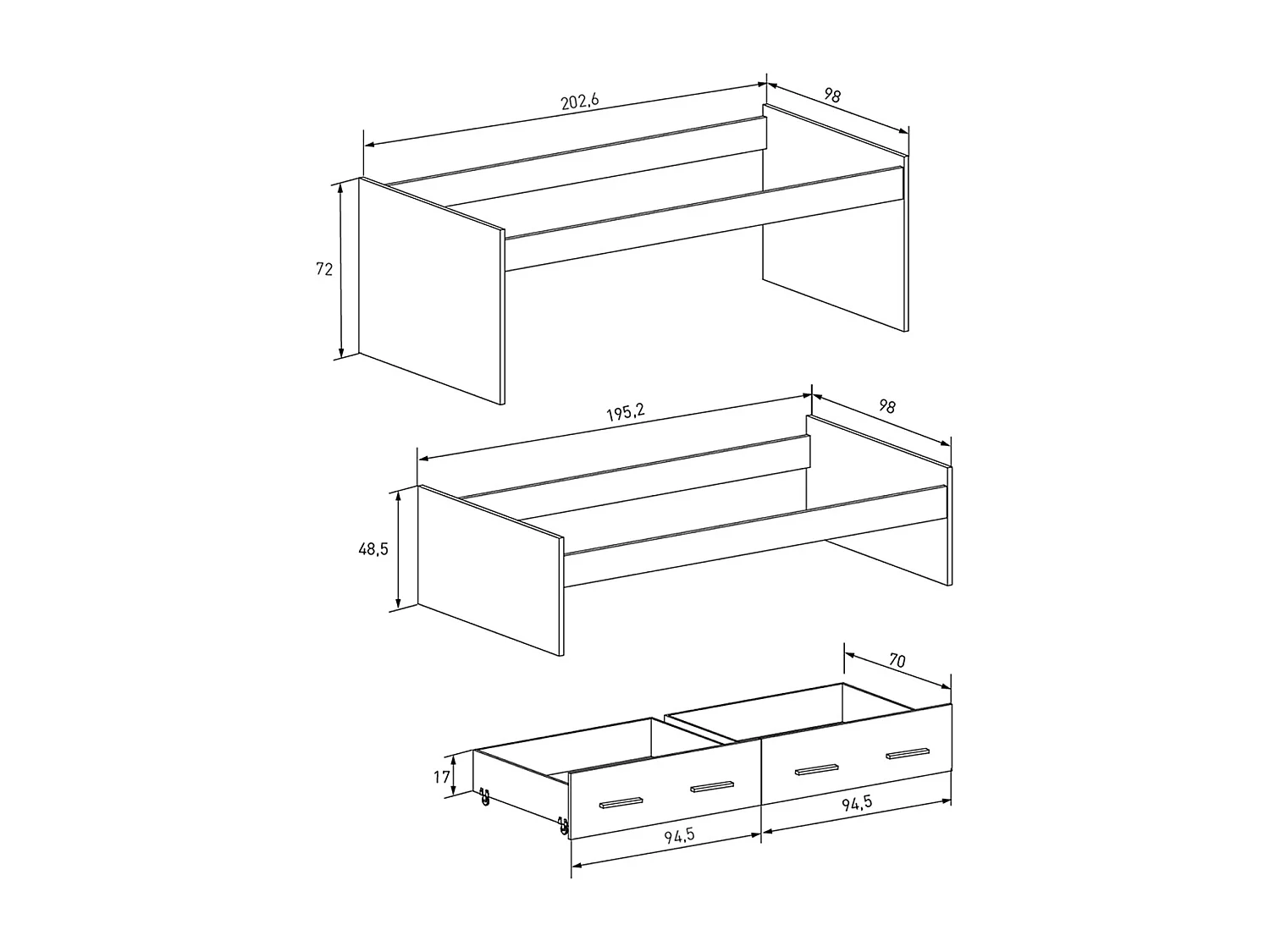 Lit gigogne avec 2 tiroirs coloris chêne Mauvella  - Longueur 195,20 x profondeur 98 x hauteur 48,50 cm