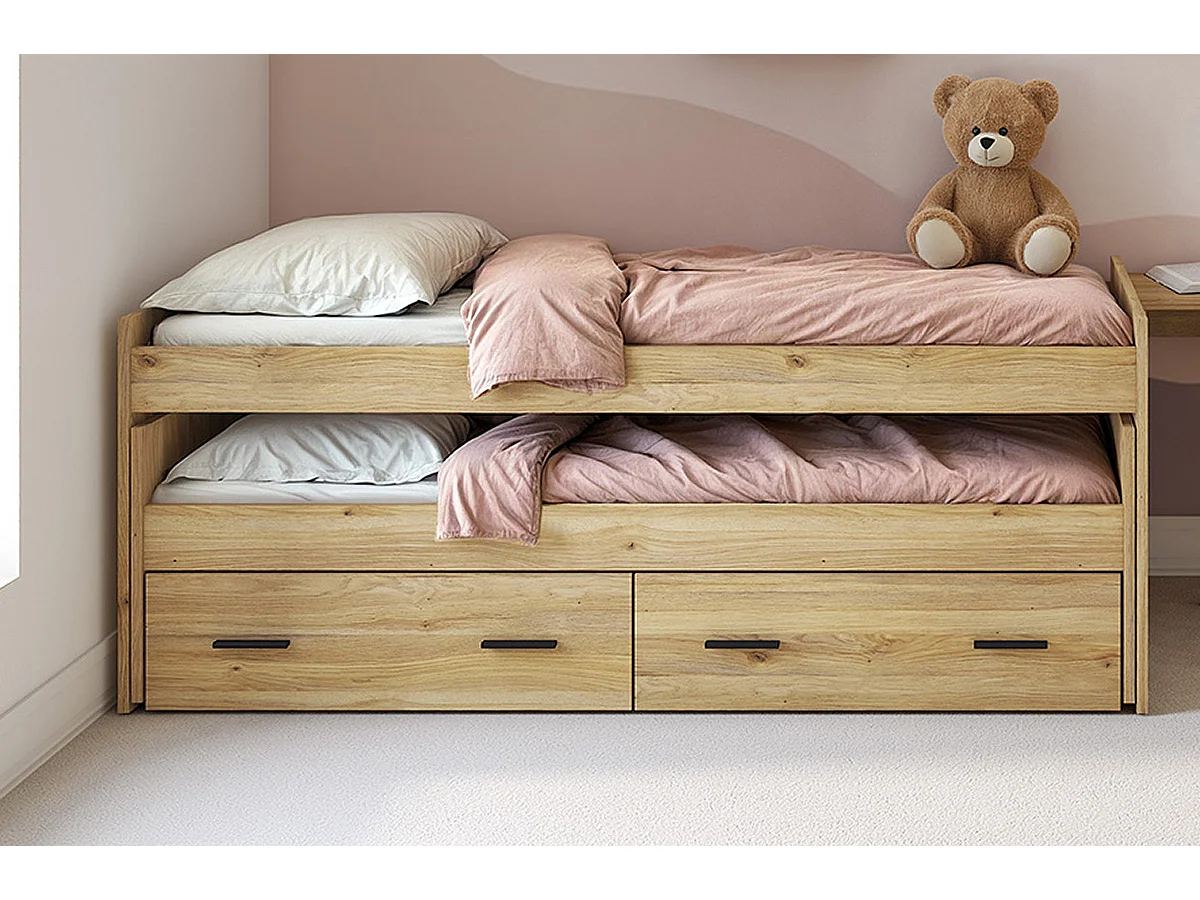 Lit gigogne avec 2 tiroirs coloris chêne Mauvella  - Longueur 195,20 x profondeur 98 x hauteur 48,50 cm