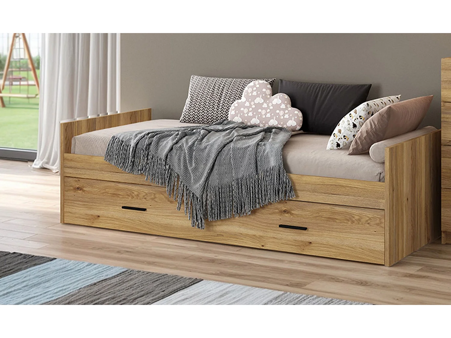 Lit gigogne avec 1 tiroir coloris chêne Mauvella - Longueur 202 x profondeur 98 x hauteur 58 cm