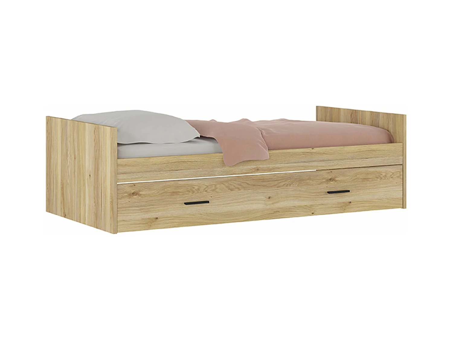 Lit gigogne avec 1 tiroir coloris chêne Mauvella - Longueur 202 x profondeur 98 x hauteur 58 cm