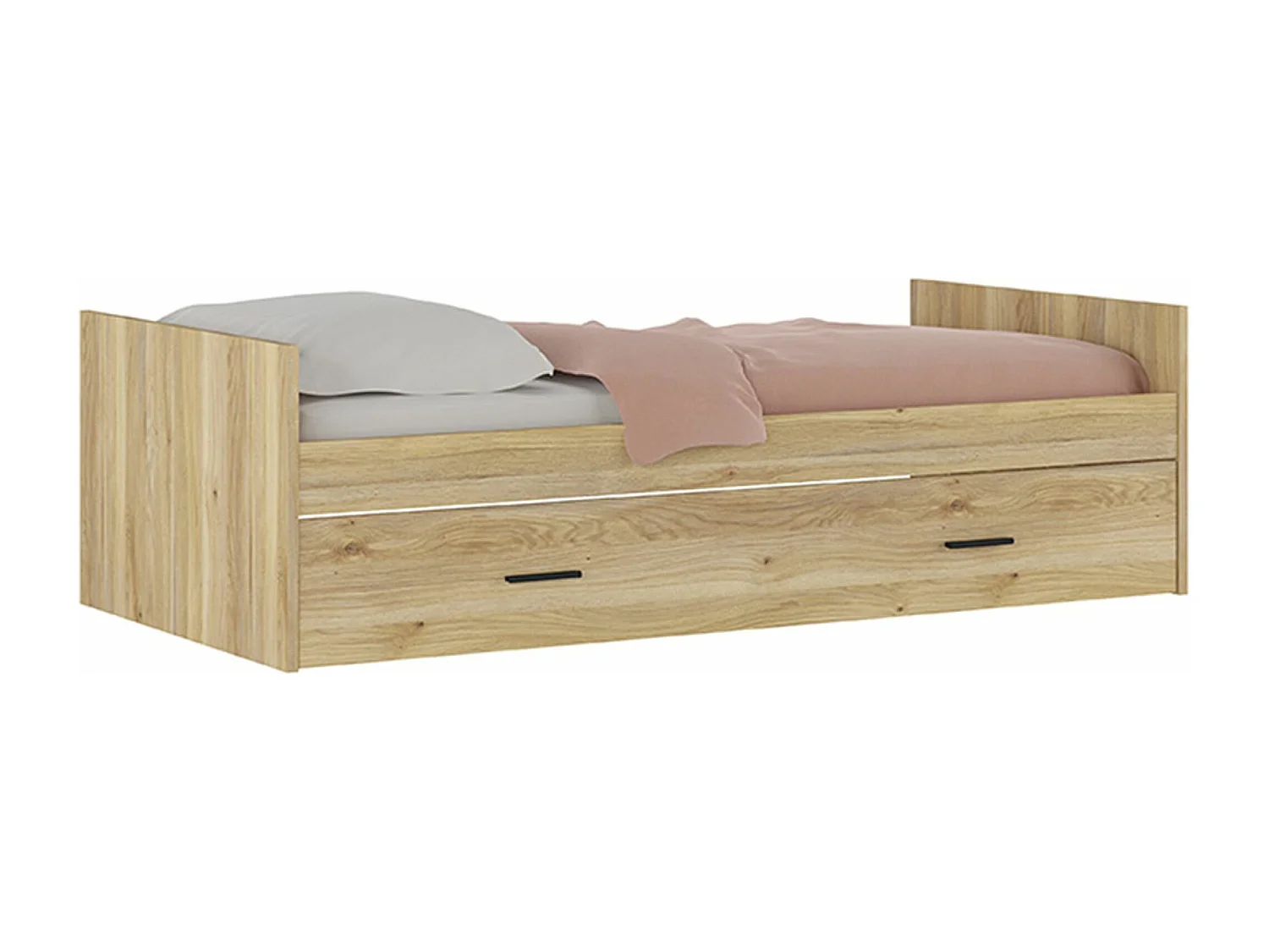 Lit gigogne avec 1 tiroir coloris chêne Mauvella - Longueur 202 x profondeur 98 x hauteur 58 cm