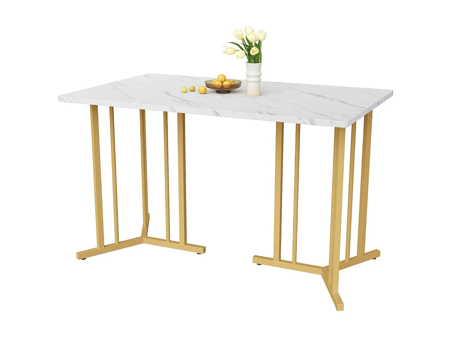 Table à manger 4 personnes en MDF et métal, avec pieds réglables, motif en marbre, 140x80x75cm, Blanc