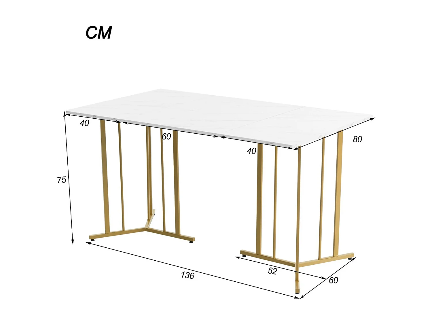 Table à manger 4 personnes en MDF et métal, avec pieds réglables, motif en marbre, 140x80x75cm, Blanc