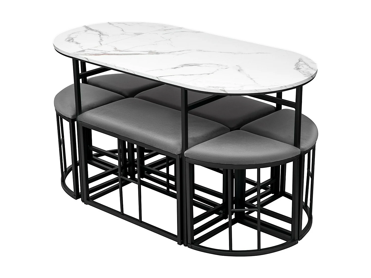 Ovale eetjarige tabel 6 mensen, met 6 ontlasting, marmereffect, MDF en staal, max 120 kg belasting, 140x70x74cm