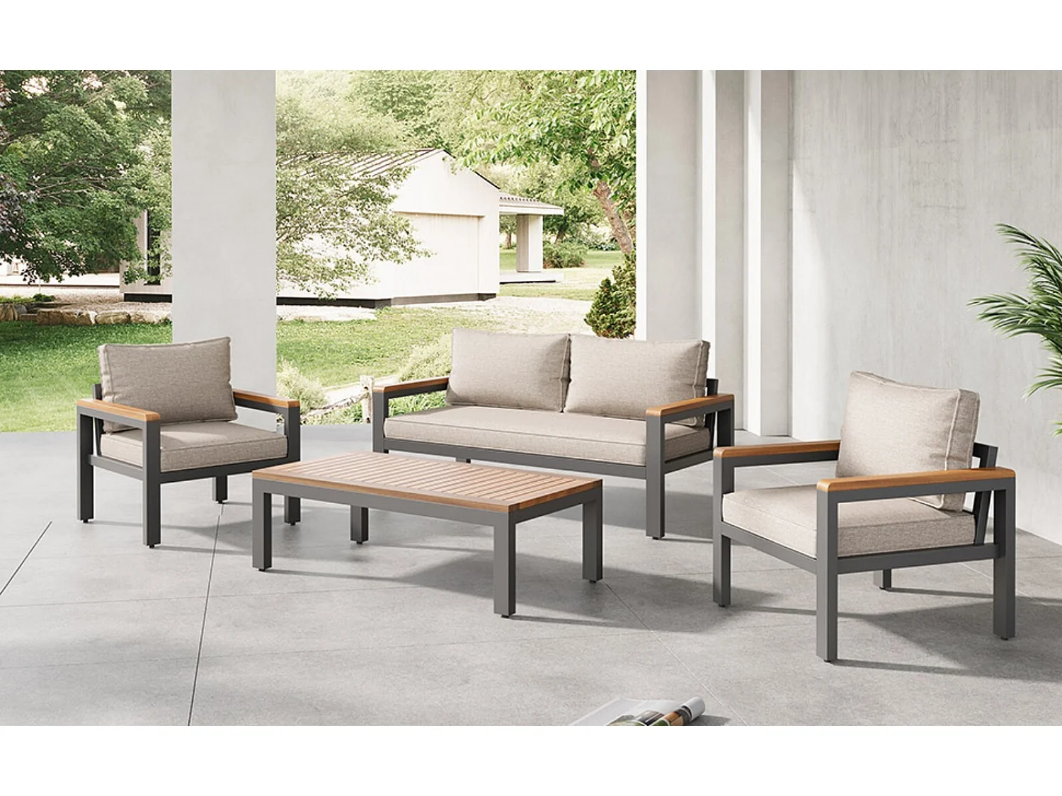 Gegalvaniseerde stalen tuin eetkamer, 4 plaatsen, houten tafel en armleuningen, verstelbare voeten stoelen, beige