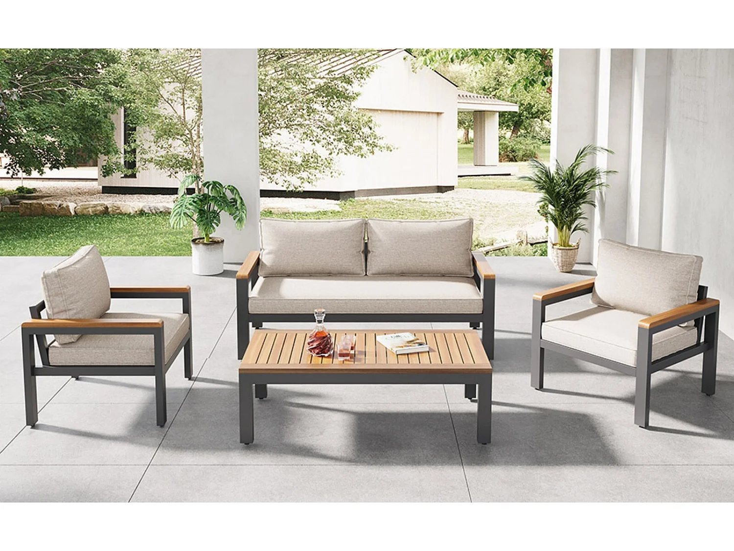 Gegalvaniseerde stalen tuin eetkamer, 4 plaatsen, houten tafel en armleuningen, verstelbare voeten stoelen, beige