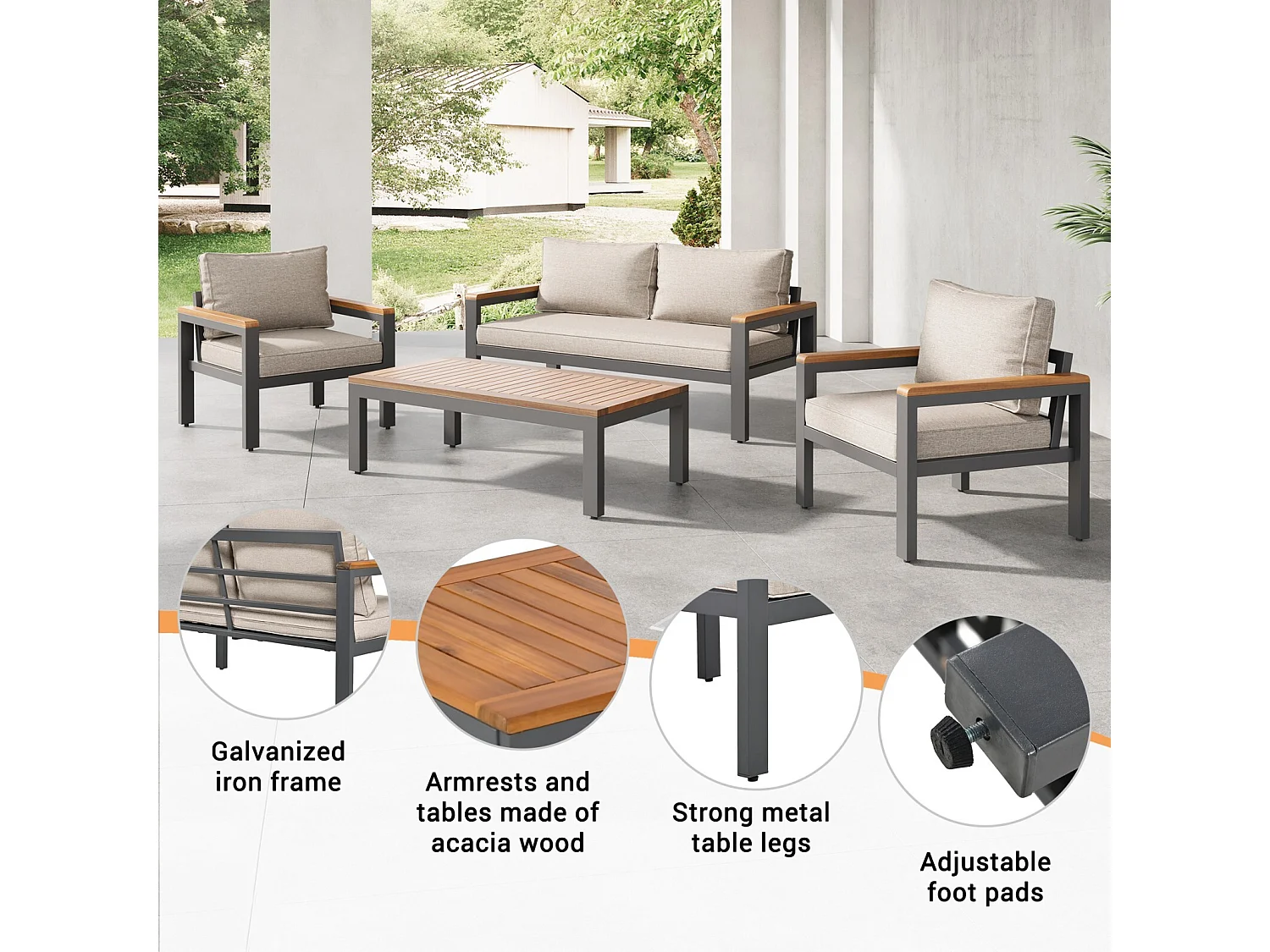 Gegalvaniseerde stalen tuin eetkamer, 4 plaatsen, houten tafel en armleuningen, verstelbare voeten stoelen, beige