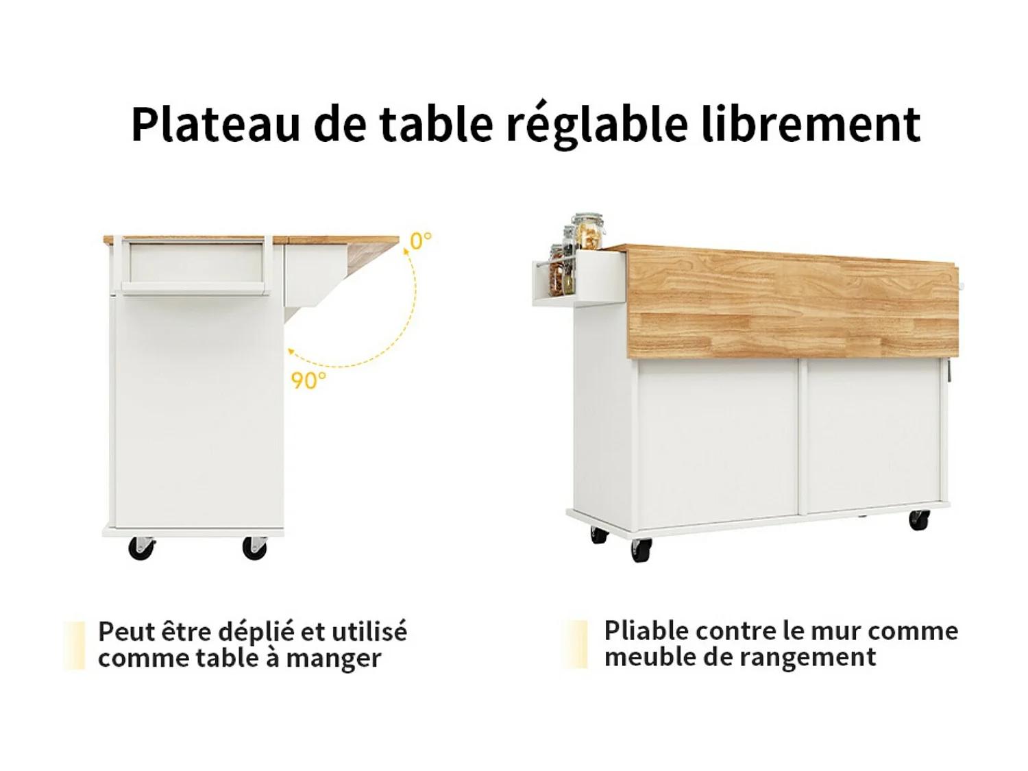 Central Keukeneiland in MDF -panelen, met opslag, zwenkwielen, opvouwbare tafel, 106x50/78x90,5 cm, wit