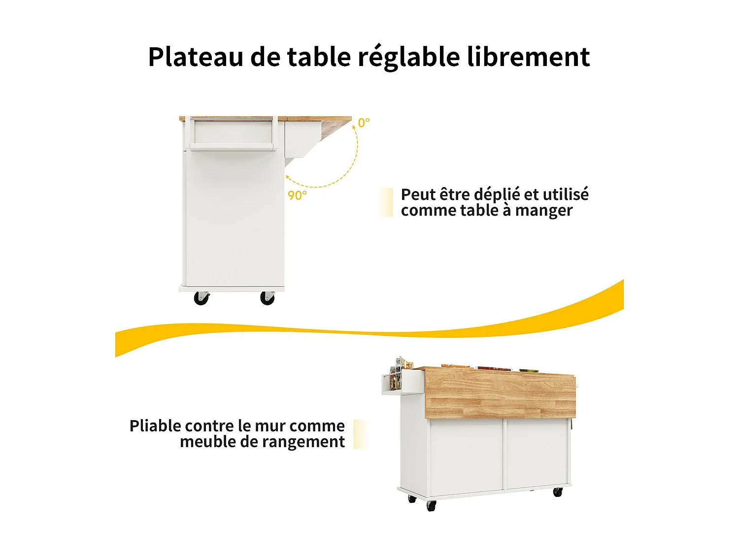 Central Keukeneiland in MDF -panelen, met opslag, zwenkwielen, opvouwbare tafel, 106x50/78x90,5 cm, wit