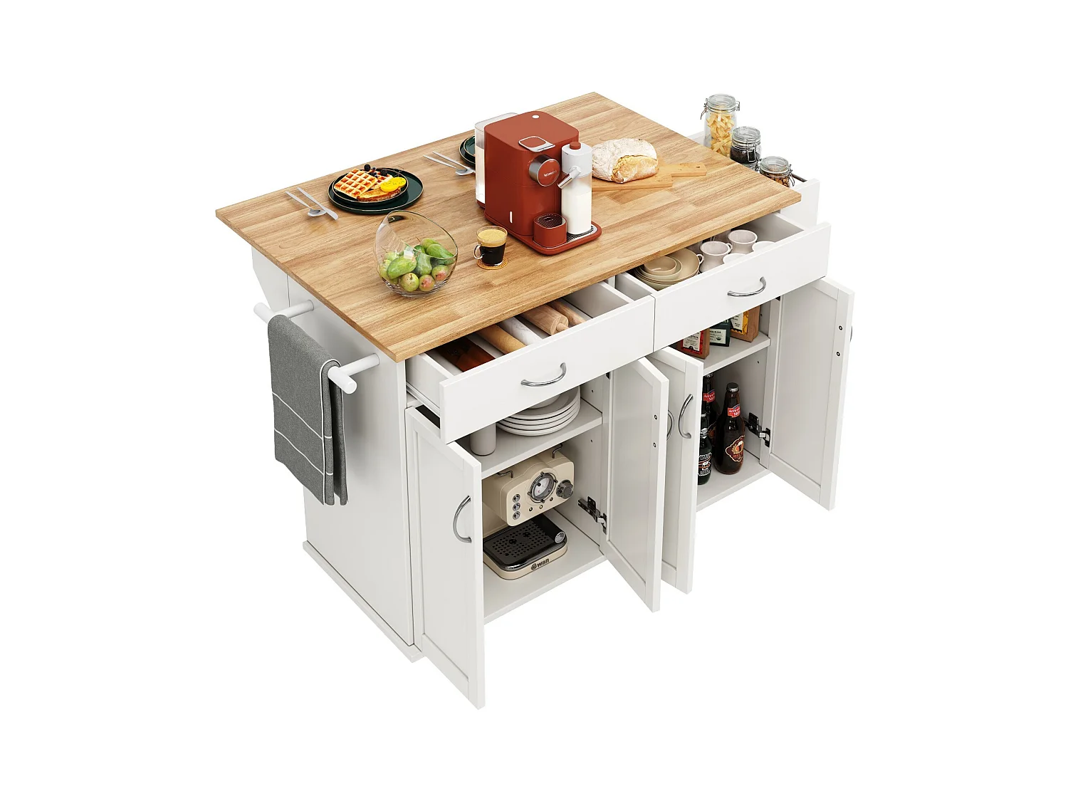 Zentrale Kücheninsel in MDF -Paneele mit Lagerung, drehbarer Rollen, faltbarer Tisch, 106x50/78x90,5 cm, weiß