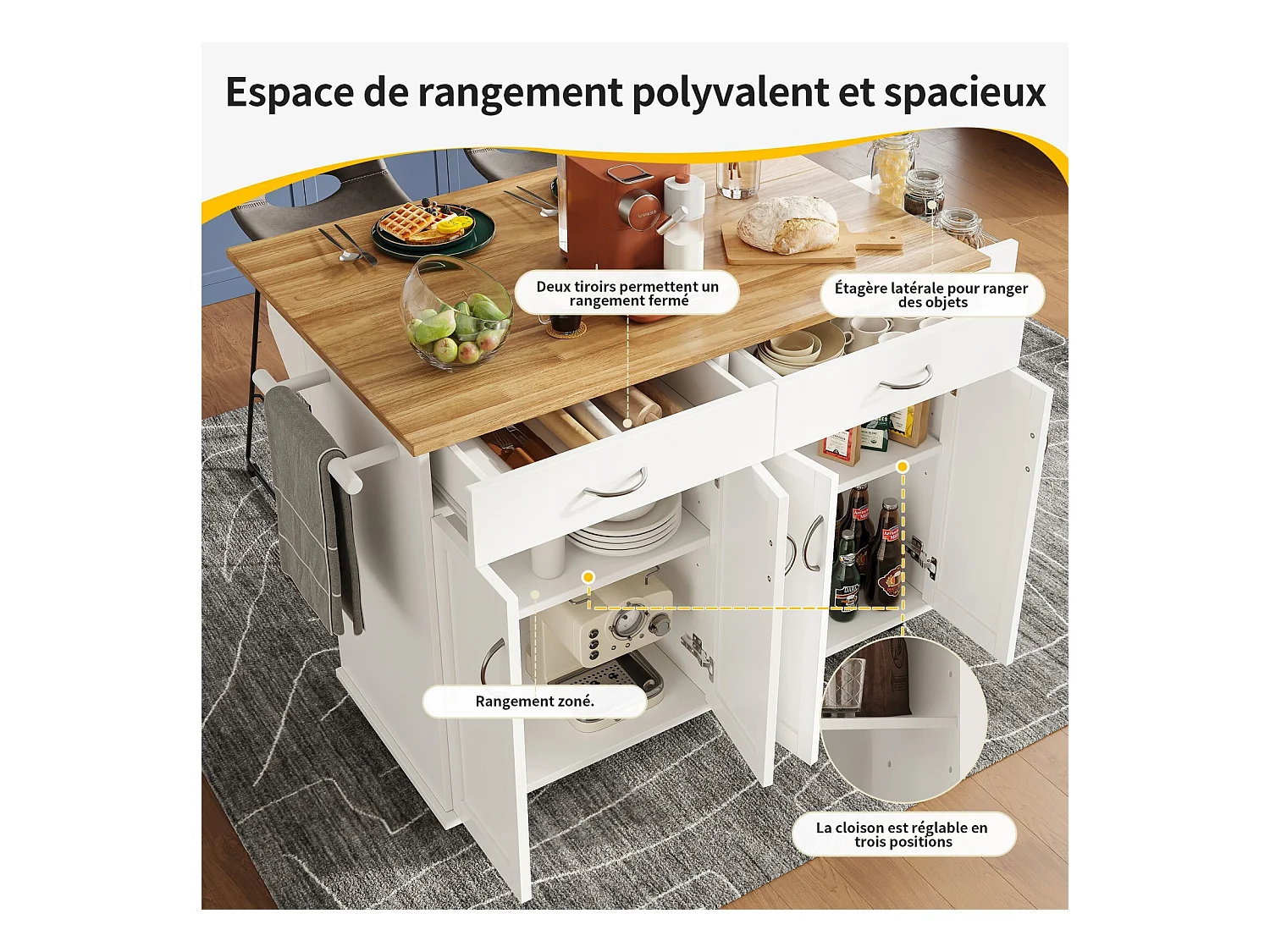 Ilot central de cuisine en panneaux MDF, avec rangement, roulettes pivotantes, table pliable, 106x50/78x90.5cm, Blanc