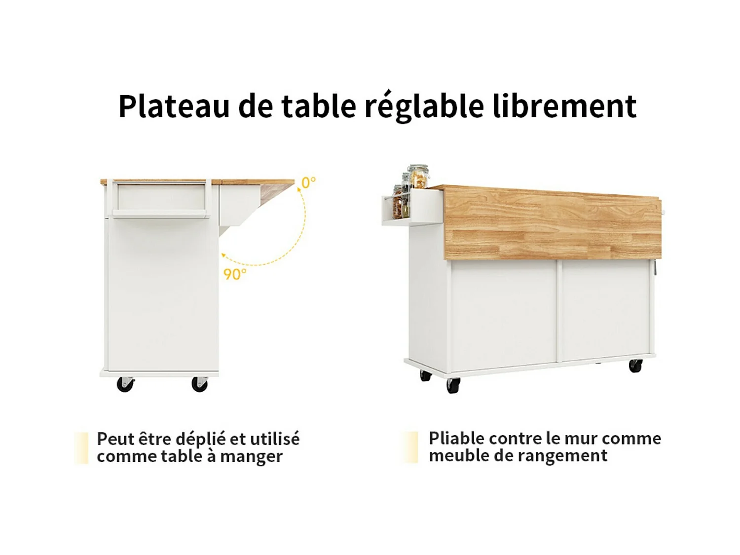 Ilot central de cuisine en panneaux MDF, avec rangement, roulettes pivotantes, table pliable, 106x50/78x90.5cm, Blanc