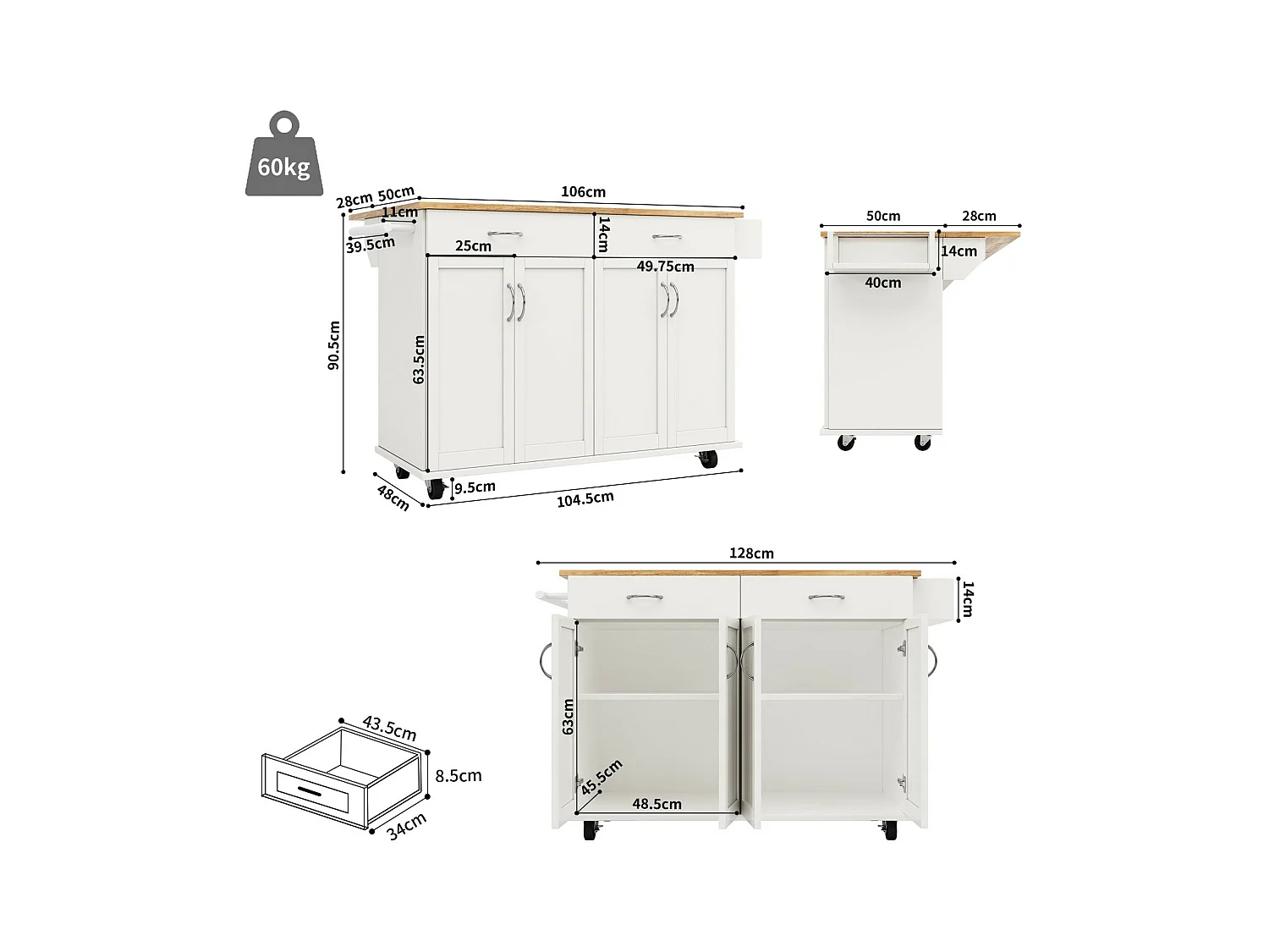 Ilot central de cuisine en panneaux MDF, avec rangement, roulettes pivotantes, table pliable, 106x50/78x90.5cm, Blanc