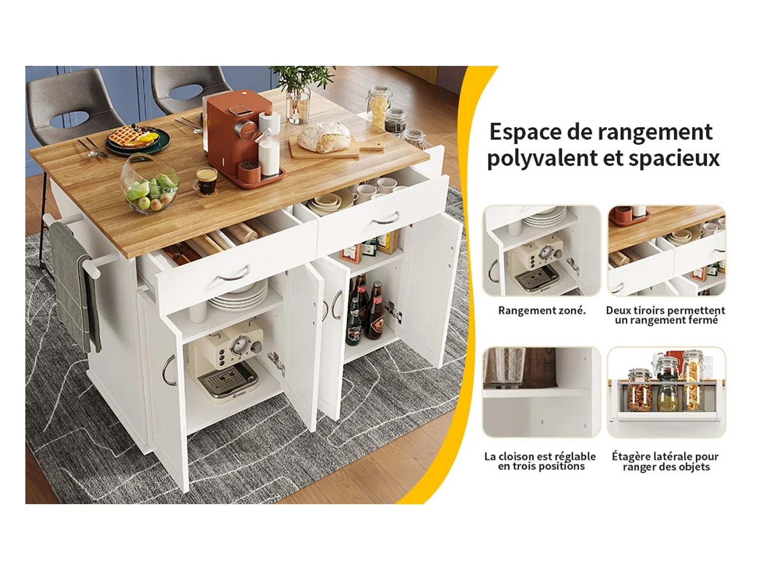 Ilot central de cuisine en panneaux MDF, avec rangement, roulettes pivotantes, table pliable, 106x50/78x90.5cm, Blanc
