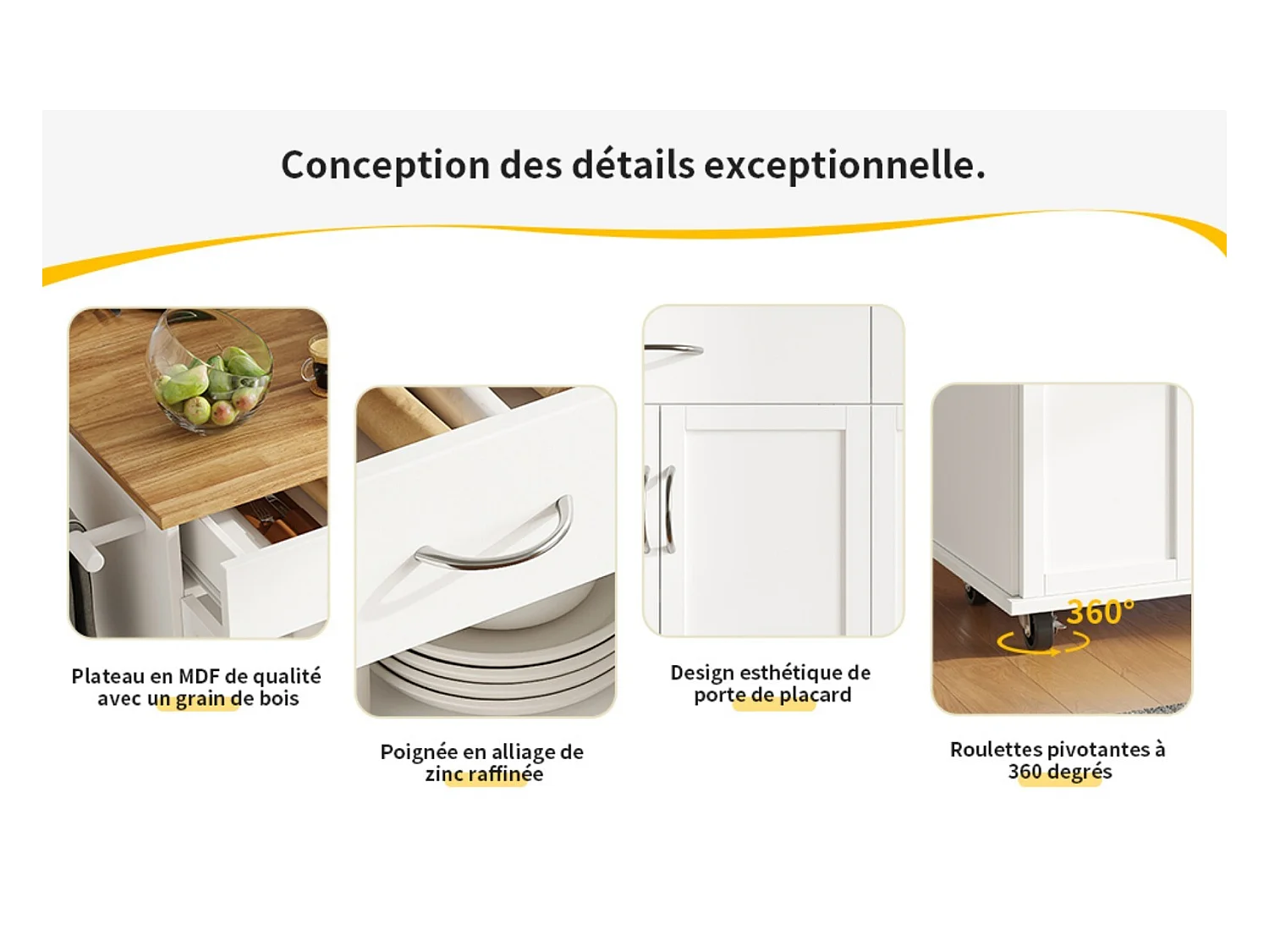 Ilot central de cuisine en panneaux MDF, avec rangement, roulettes pivotantes, table pliable, 106x50/78x90.5cm, Blanc
