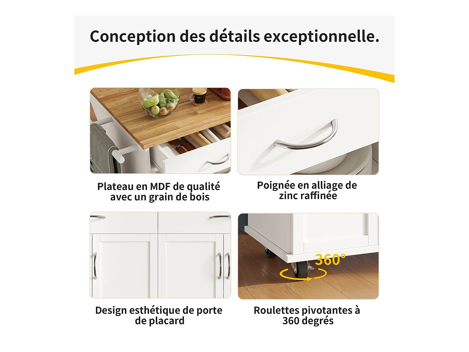 Ilot central de cuisine en panneaux MDF, avec rangement, roulettes pivotantes, table pliable, 106x50/78x90.5cm, Blanc