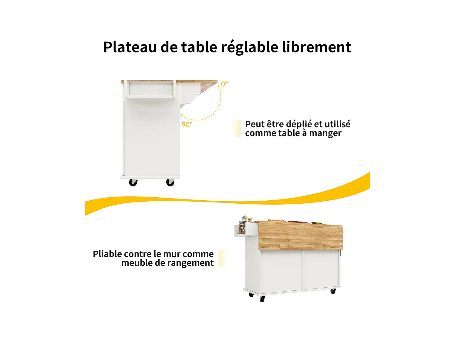 Ilot central de cuisine en panneaux MDF, avec rangement, roulettes pivotantes, table pliable, 106x50/78x90.5cm, Blanc