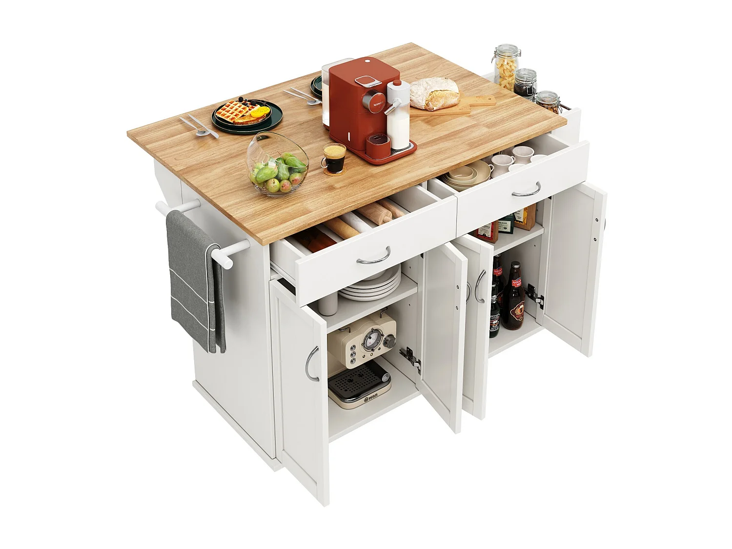 Isla de la cocina central en paneles MDF, con almacenamiento, ruedas giratorias, mesa plegable, 106x50/78x90.5cm, blanco