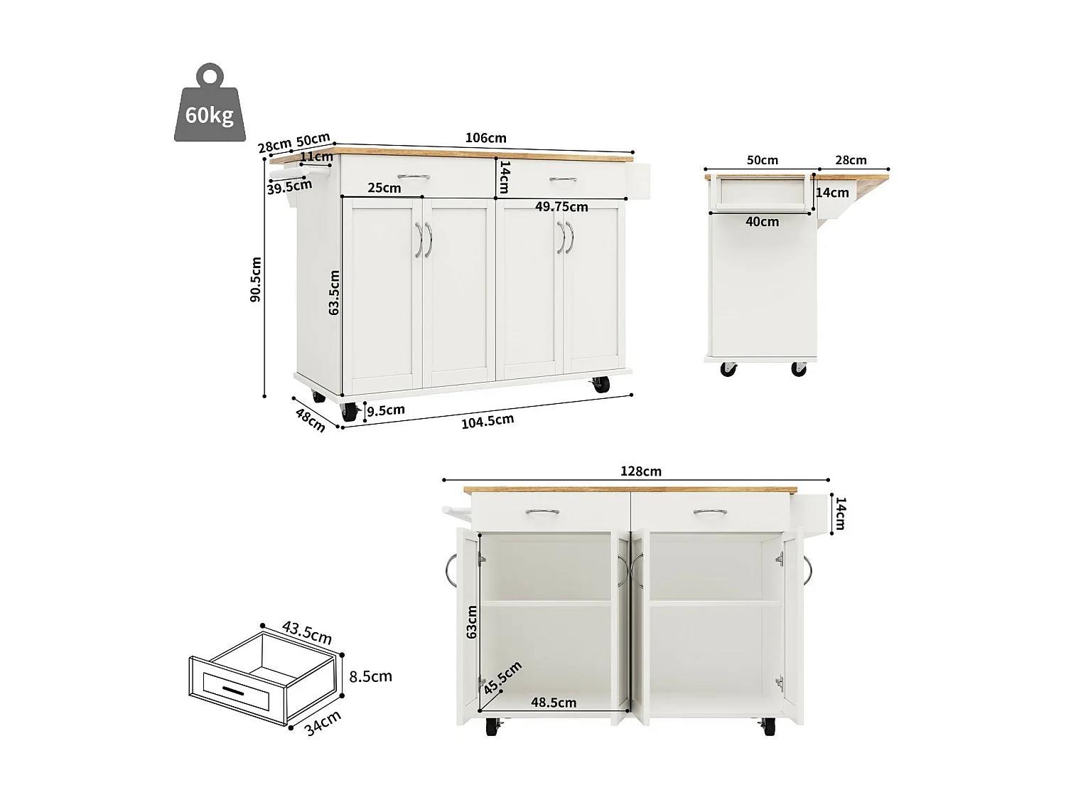 Isla de la cocina central en paneles MDF, con almacenamiento, ruedas giratorias, mesa plegable, 106x50/78x90.5cm, blanco