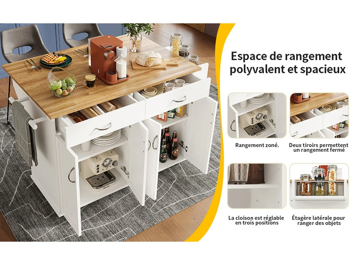 Isla de la cocina central en paneles MDF, con almacenamiento, ruedas giratorias, mesa plegable, 106x50/78x90.5cm, blanco