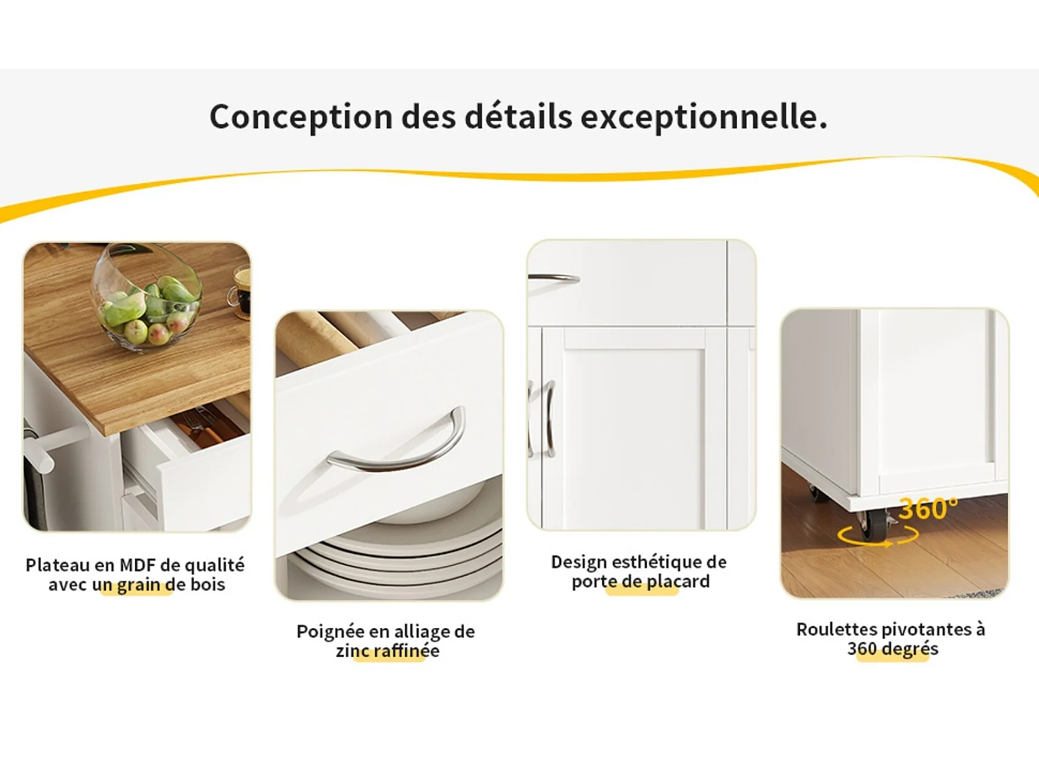 Isla de la cocina central en paneles MDF, con almacenamiento, ruedas giratorias, mesa plegable, 106x50/78x90.5cm, blanco