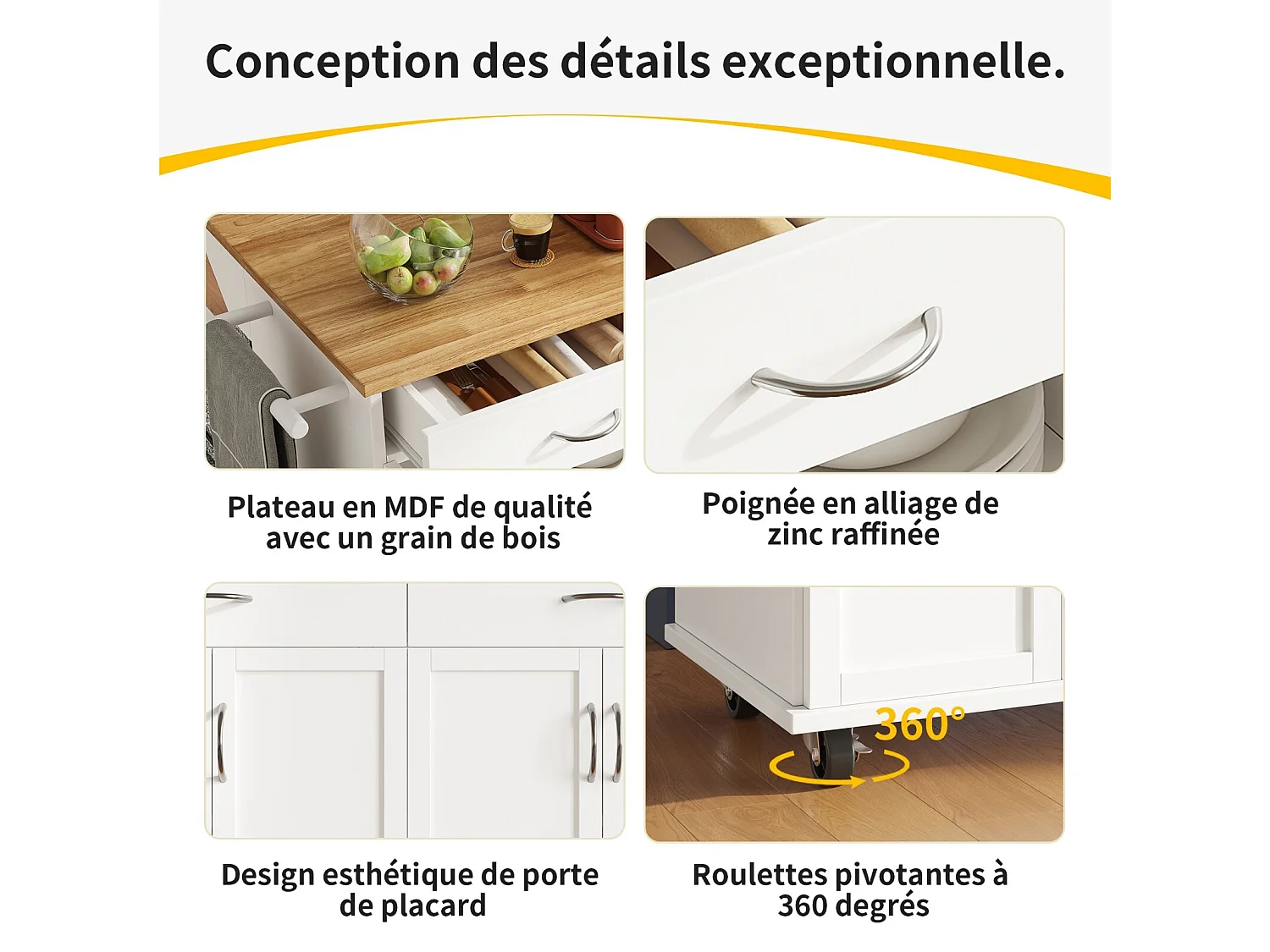 Isla de la cocina central en paneles MDF, con almacenamiento, ruedas giratorias, mesa plegable, 106x50/78x90.5cm, blanco