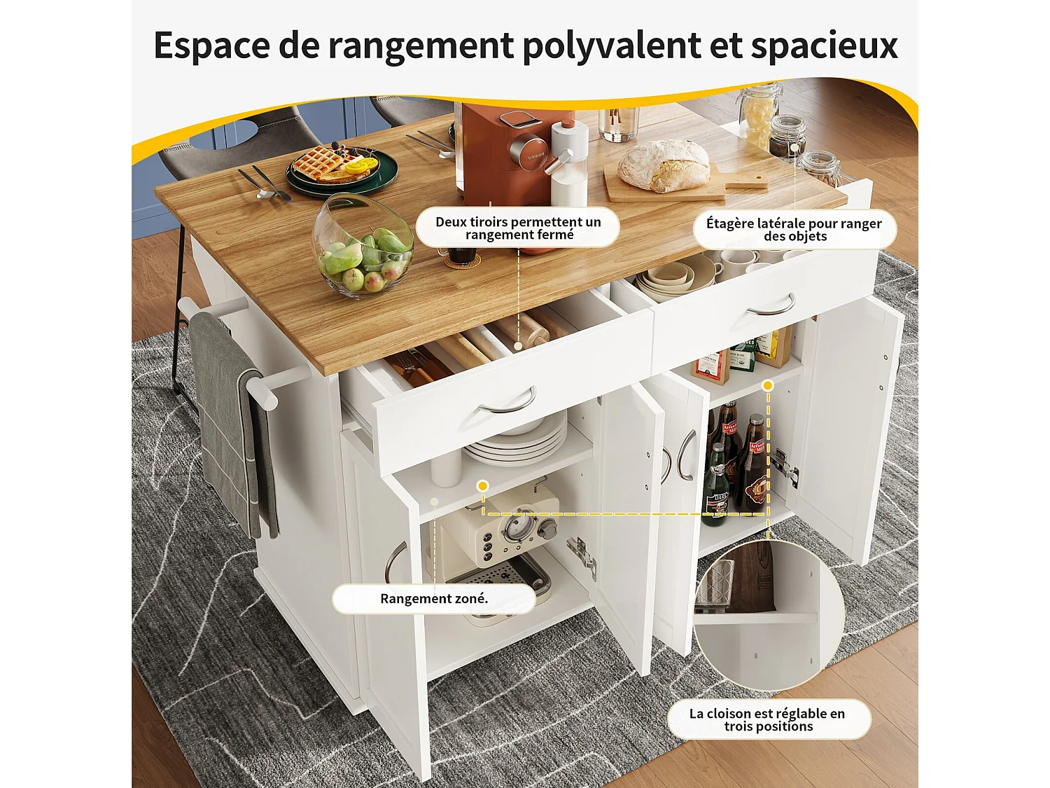 Isla de la cocina central en paneles MDF, con almacenamiento, ruedas giratorias, mesa plegable, 106x50/78x90.5cm, blanco