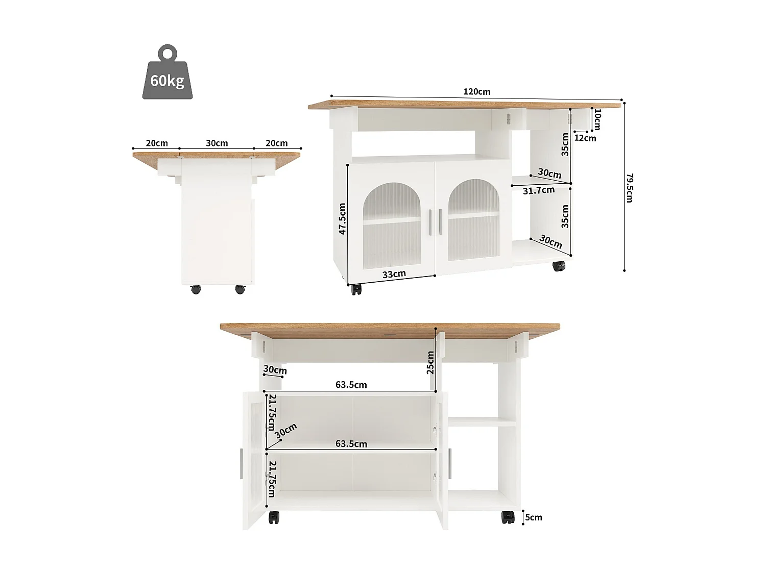 Ilot central de cuisine 2 portes et 3 etagère, avec roulettes pivotantes, table pliable, 120x30/70x79.5cm, Blanc