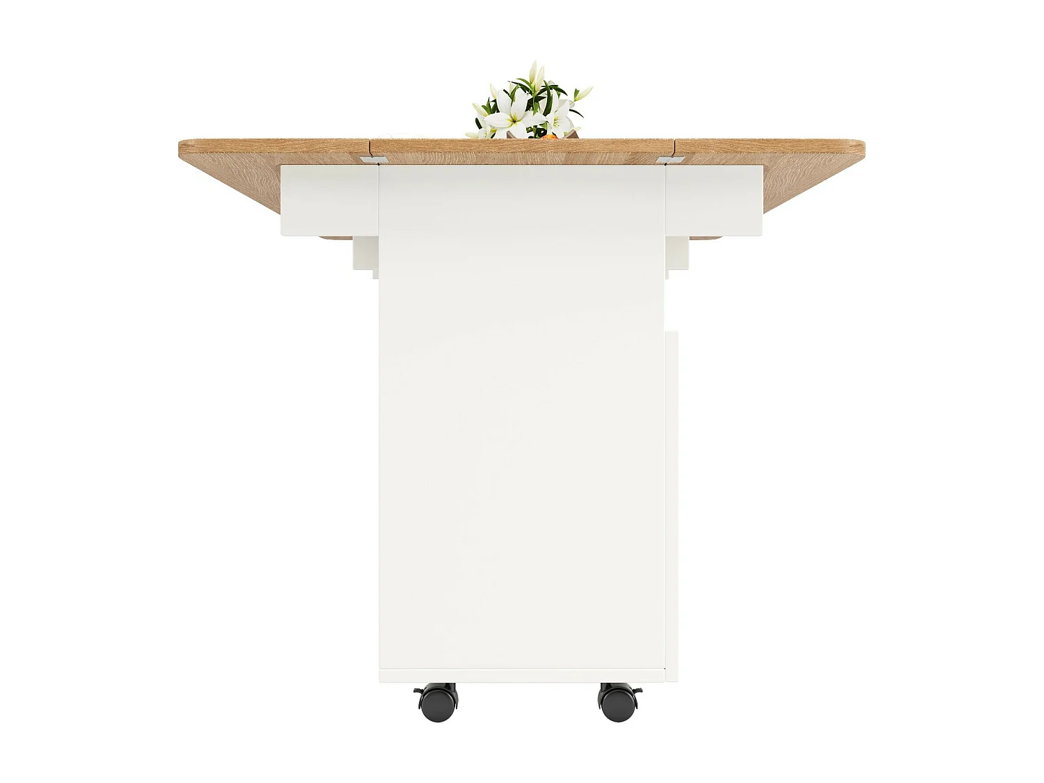Ilot central de cuisine 2 portes et 3 etagère, avec roulettes pivotantes, table pliable, 120x30/70x79.5cm, Blanc