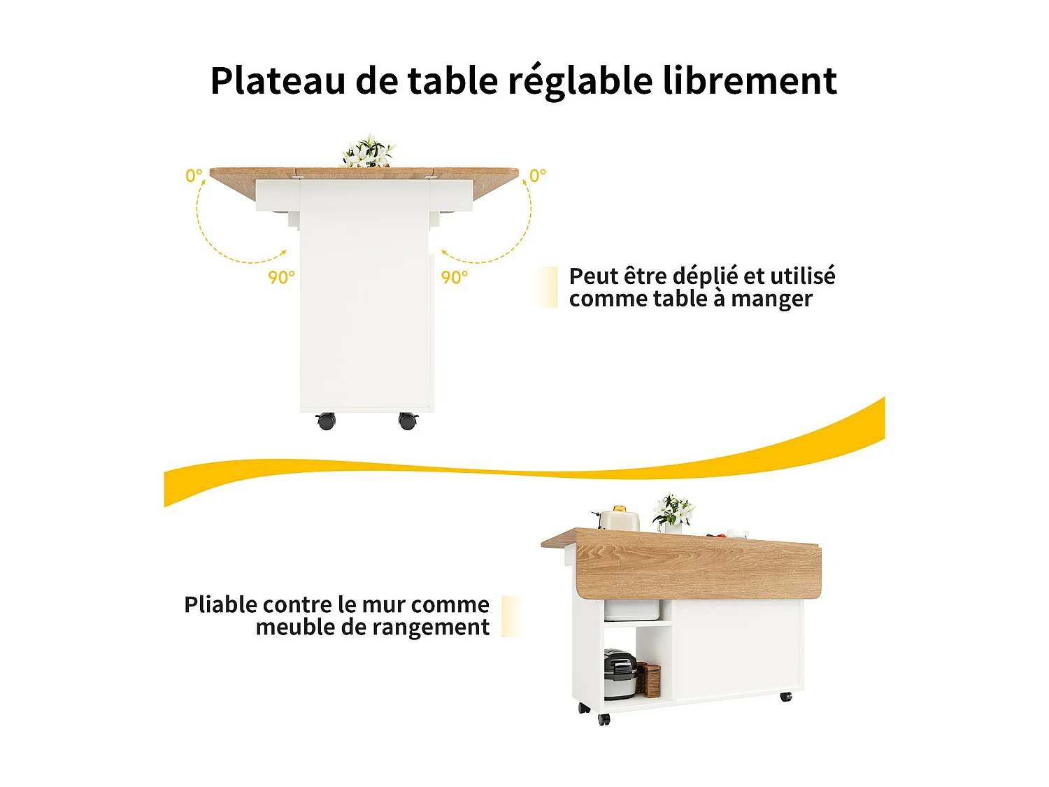 Ilot central de cuisine 2 portes et 3 etagère, avec roulettes pivotantes, table pliable, 120x30/70x79.5cm, Blanc