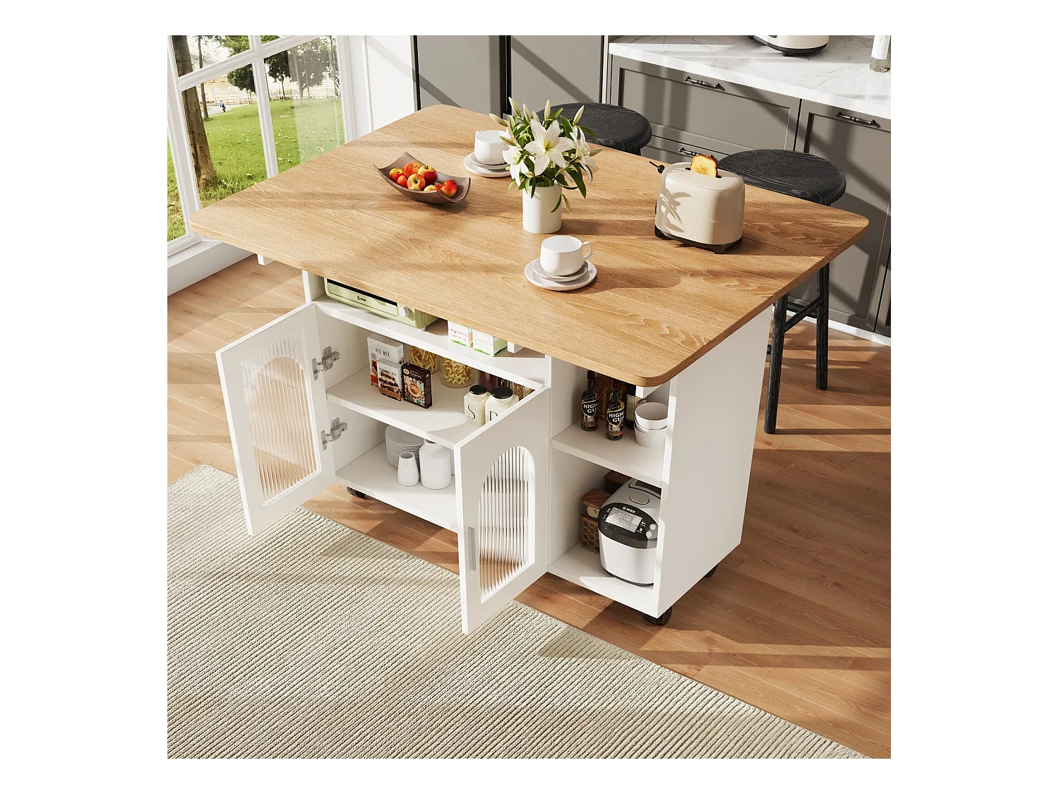 Zentrale Kücheninsel 2 Türen und 3 Regal, mit Drehkosten, faltbarer Tisch, 120 x 30/70x79,5 cm, weiß