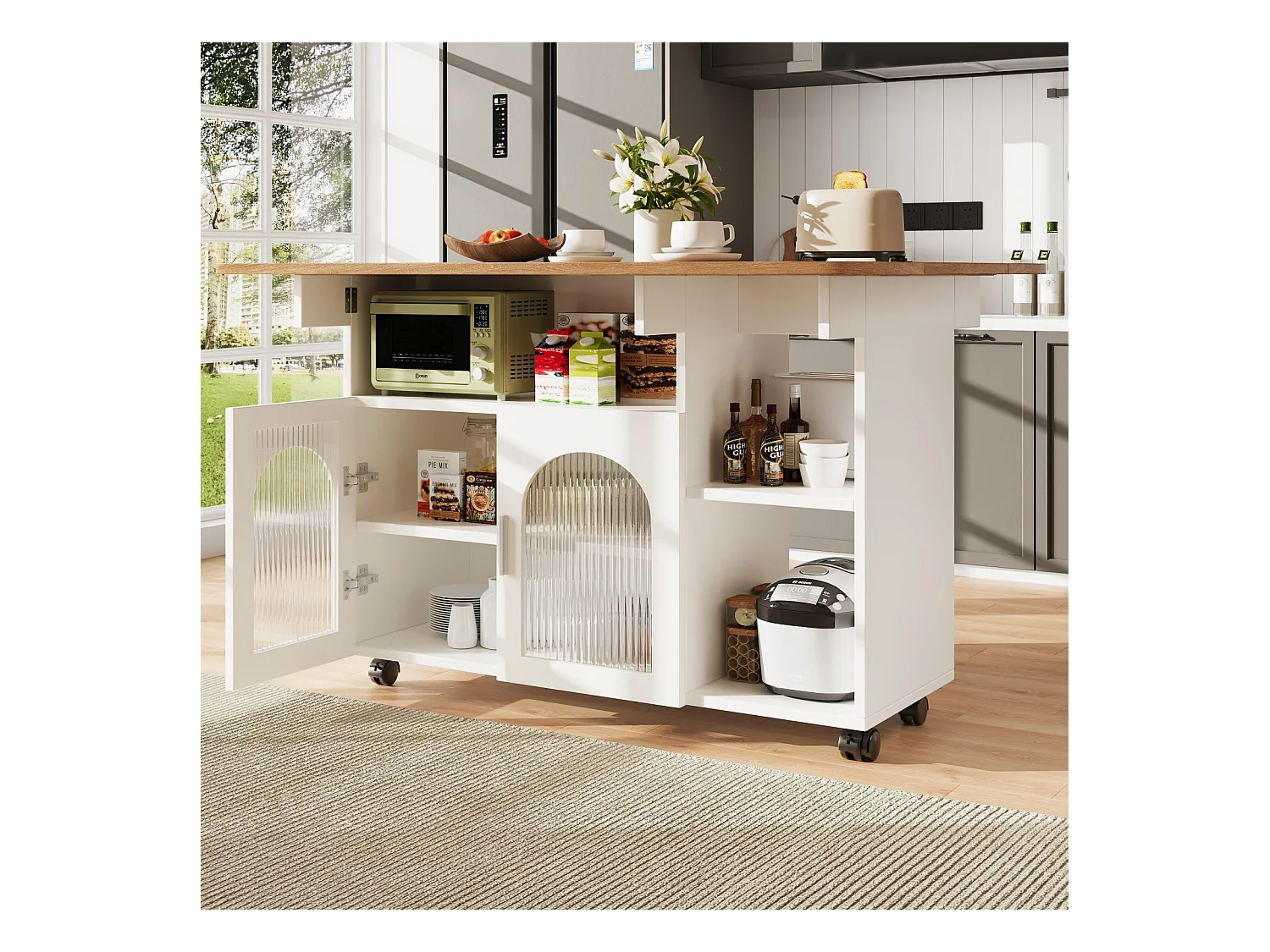 Central Kitchen Island 2 porte e 3 scaffali, con ruote girevoli, tavolo pieghevole, 120x30/70x79,5 cm, bianco