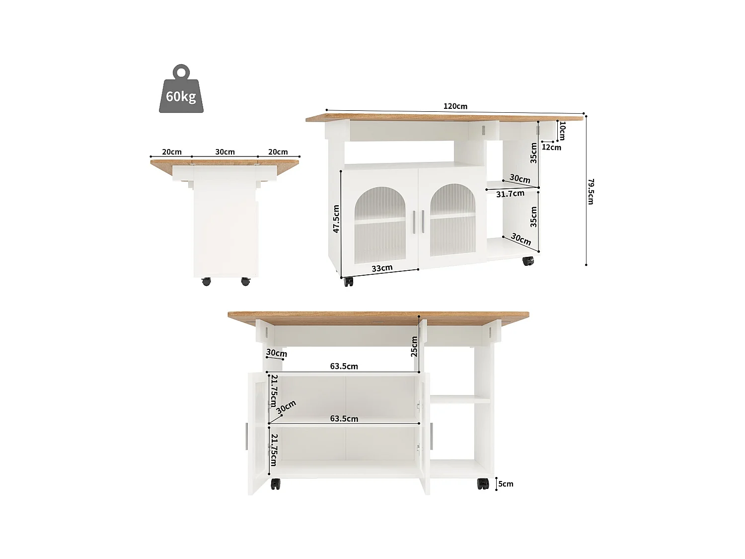 Central Kitchen Island 2 porte e 3 scaffali, con ruote girevoli, tavolo pieghevole, 120x30/70x79,5 cm, bianco