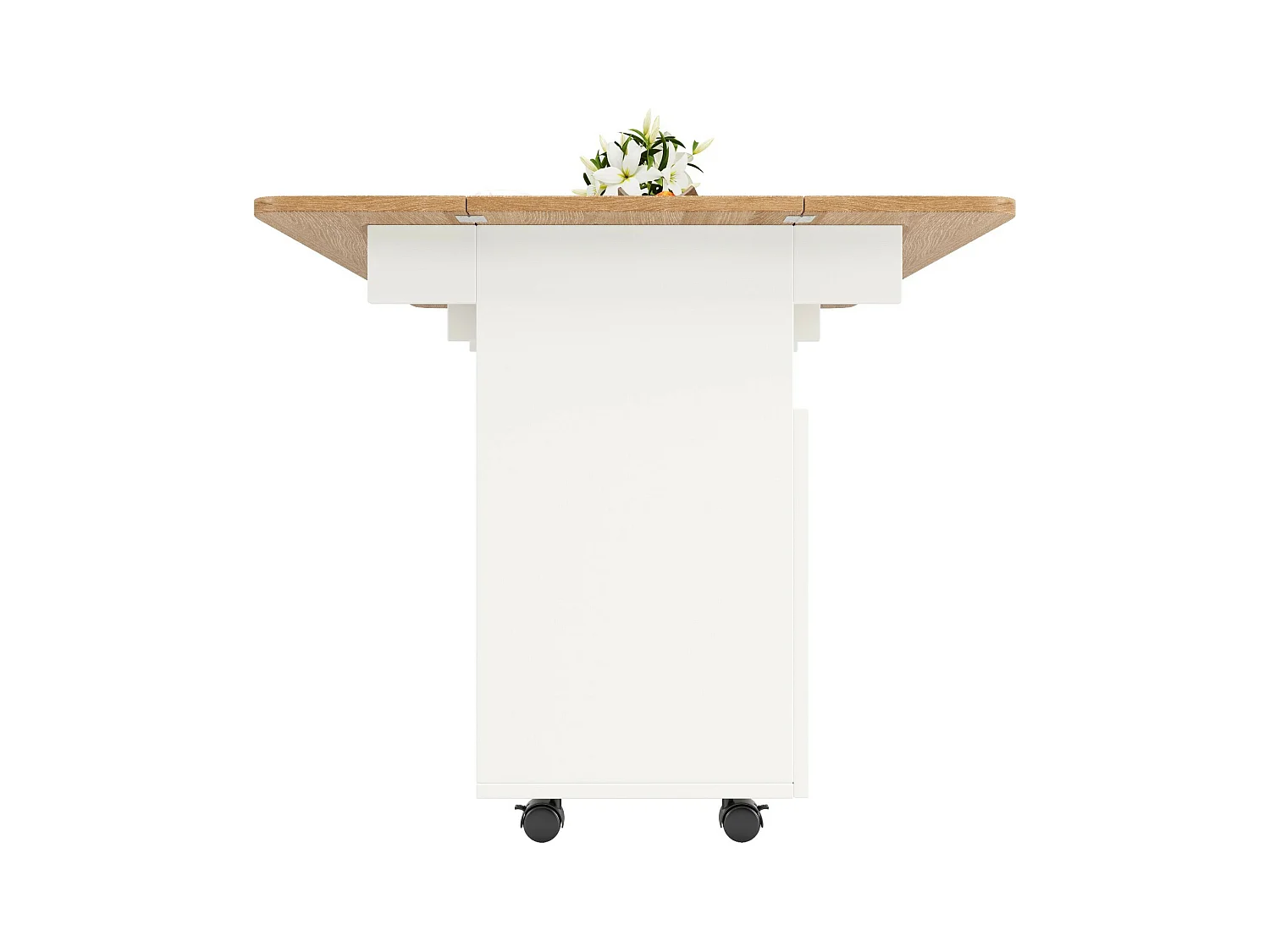 Central Kitchen Island 2 porte e 3 scaffali, con ruote girevoli, tavolo pieghevole, 120x30/70x79,5 cm, bianco
