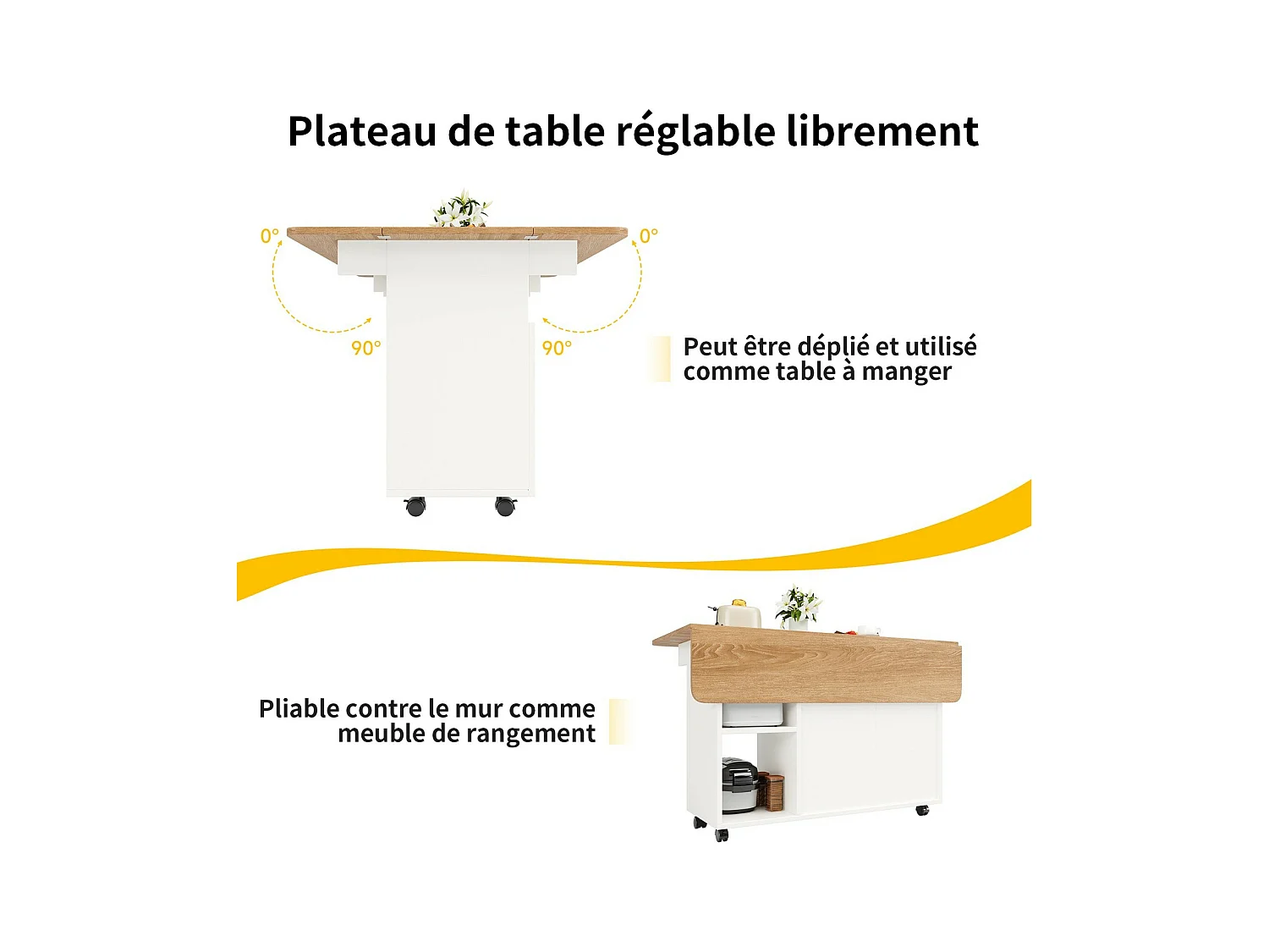 Central Kitchen Island 2 porte e 3 scaffali, con ruote girevoli, tavolo pieghevole, 120x30/70x79,5 cm, bianco