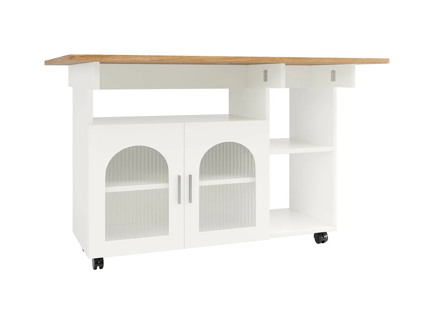 Central Kitchen Island 2 porte e 3 scaffali, con ruote girevoli, tavolo pieghevole, 120x30/70x79,5 cm, bianco