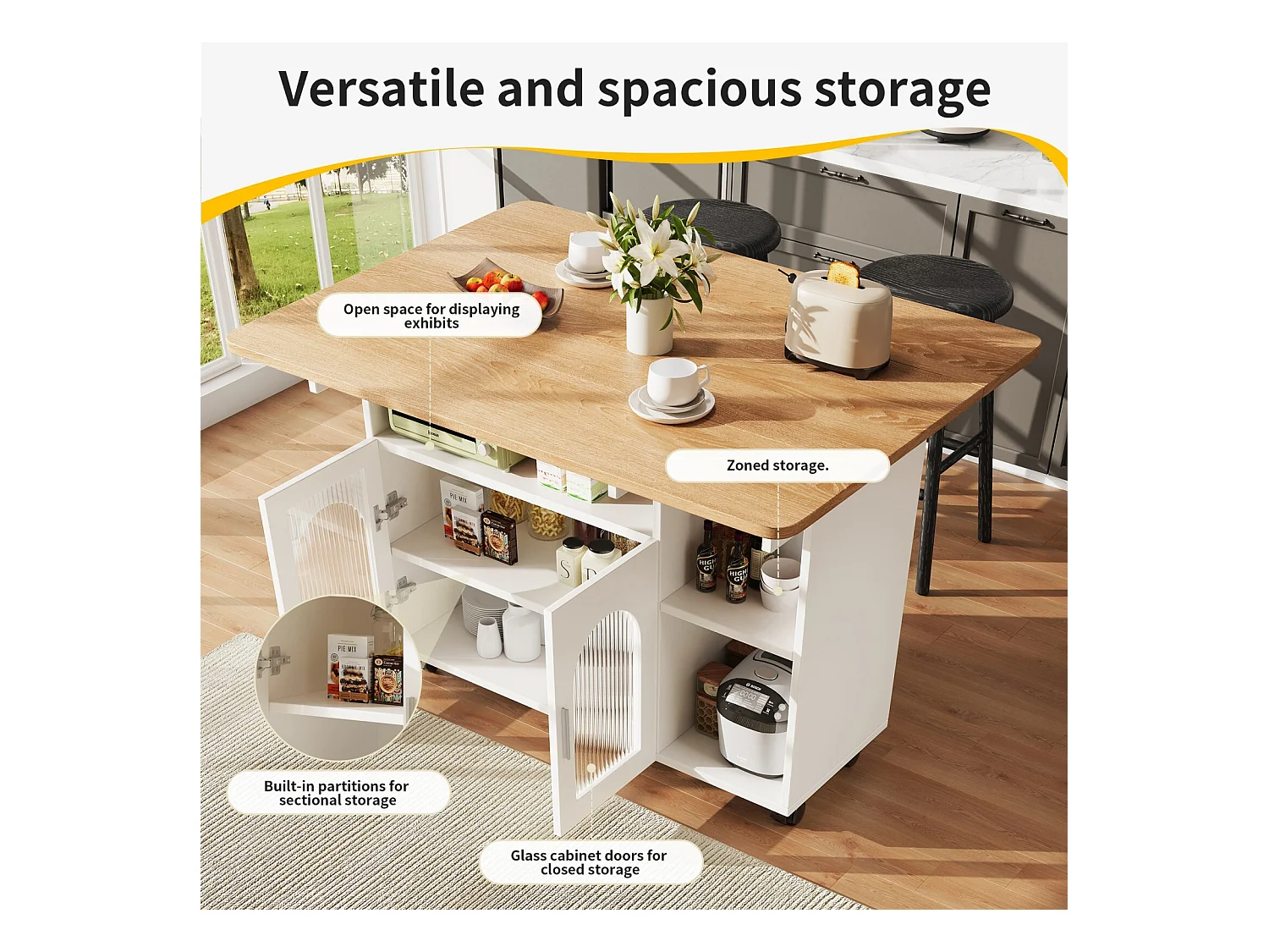 Central Kitchen Island 2 porte e 3 scaffali, con ruote girevoli, tavolo pieghevole, 120x30/70x79,5 cm, bianco