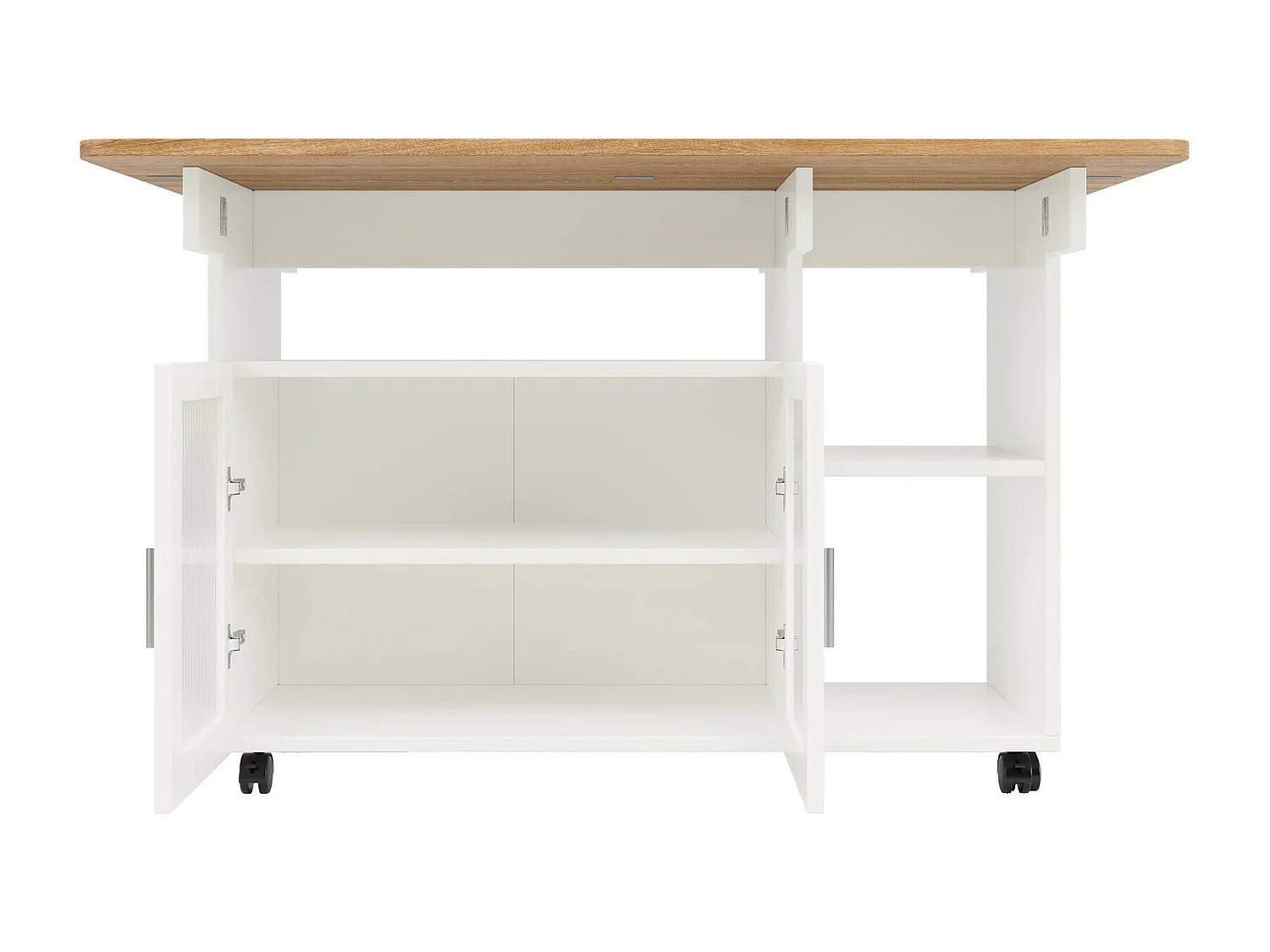 Ilot central de cuisine 2 portes et 3 etagère, avec roulettes pivotantes, table pliable, 120x30/70x79.5cm, Blanc