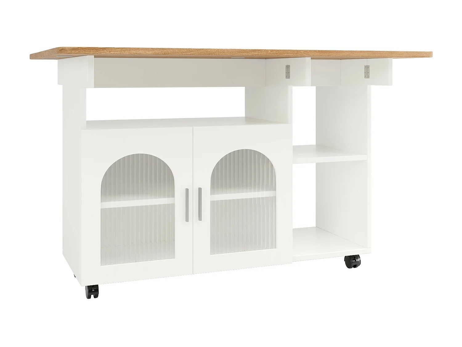 Ilot central de cuisine 2 portes et 3 etagère, avec roulettes pivotantes, table pliable, 120x30/70x79.5cm, Blanc