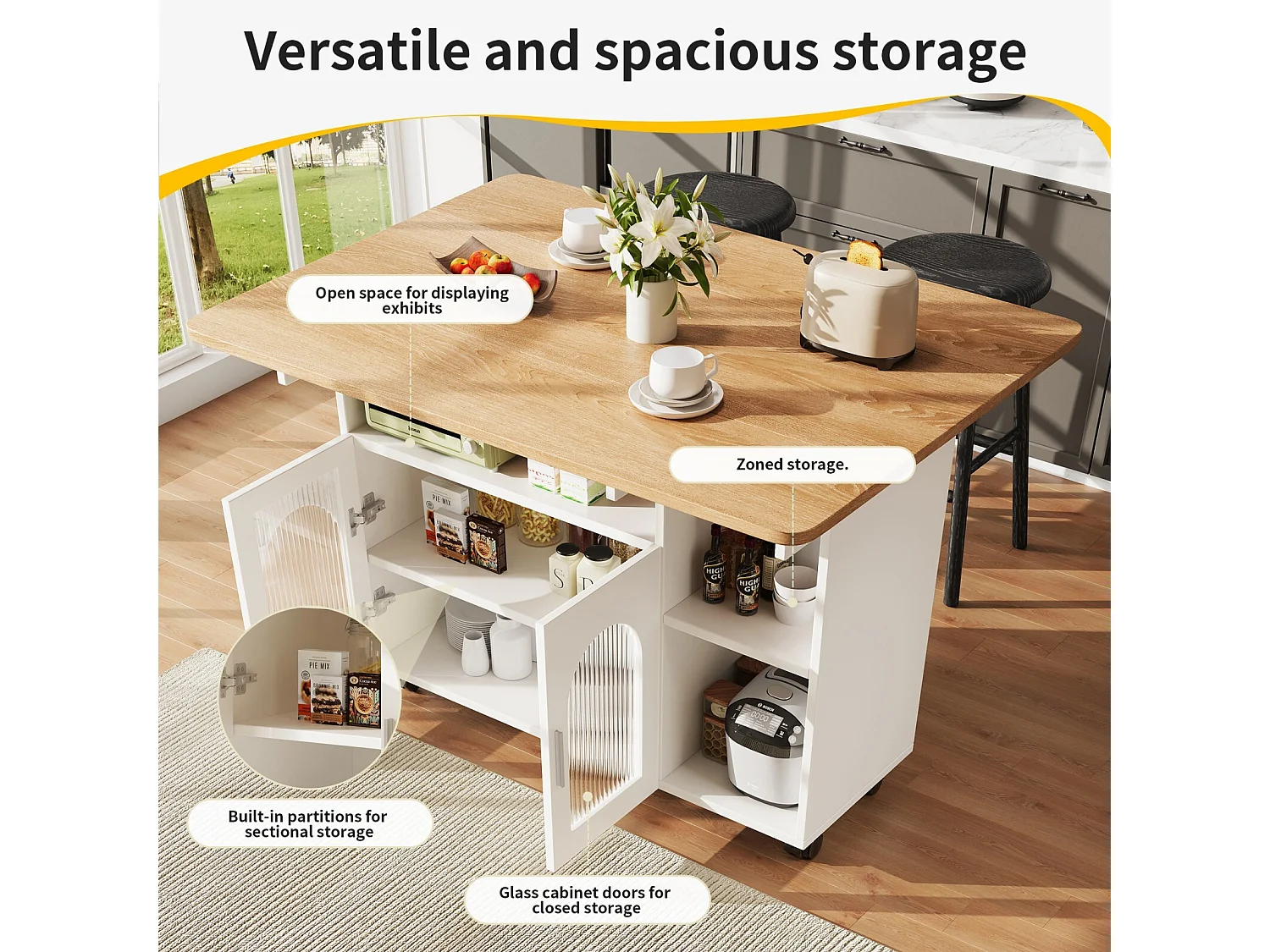 Ilot central de cuisine 2 portes et 3 etagère, avec roulettes pivotantes, table pliable, 120x30/70x79.5cm, Blanc