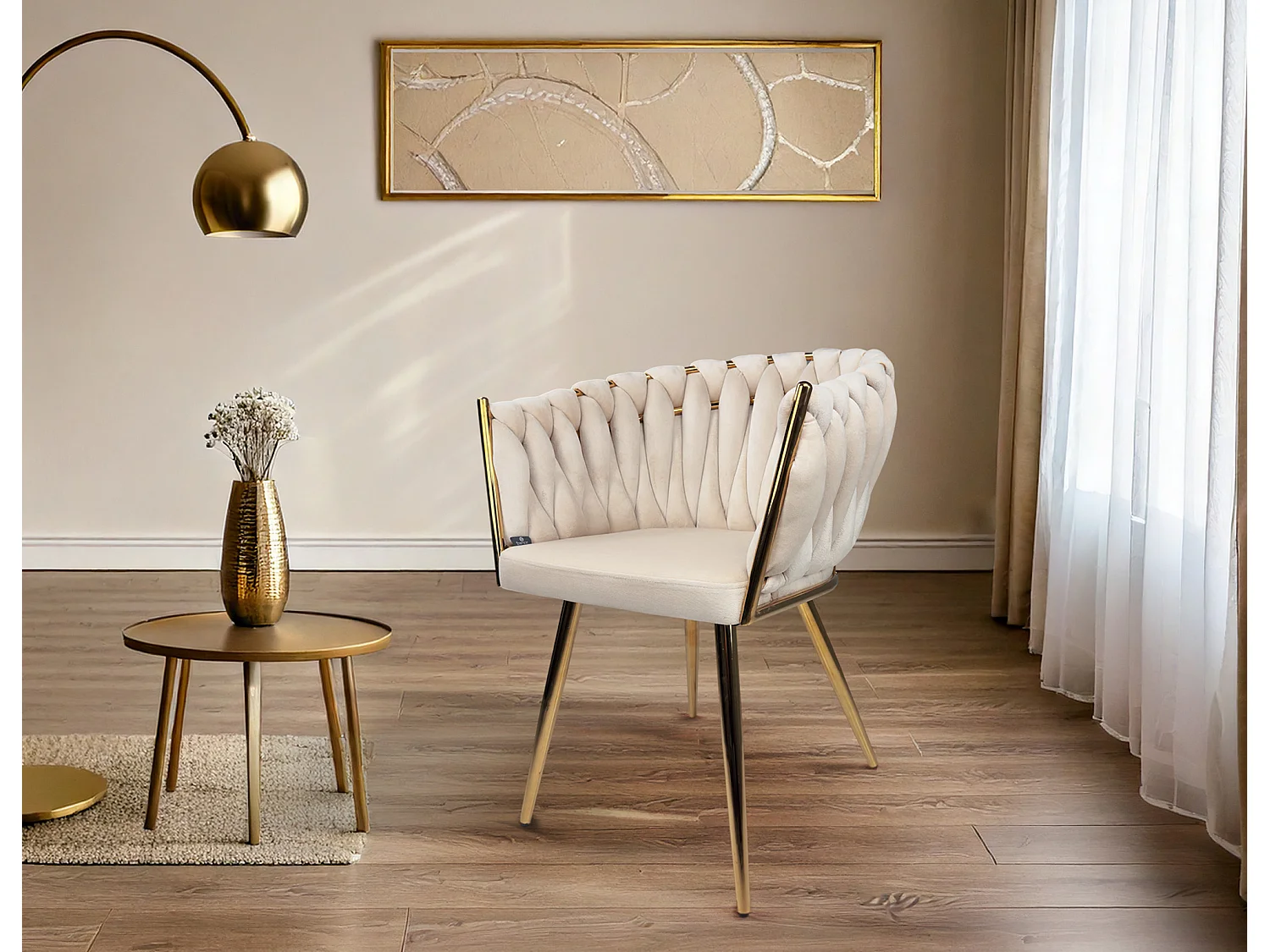 Poltrona in velluto beige, sedia imbottita da pranzo – Elise